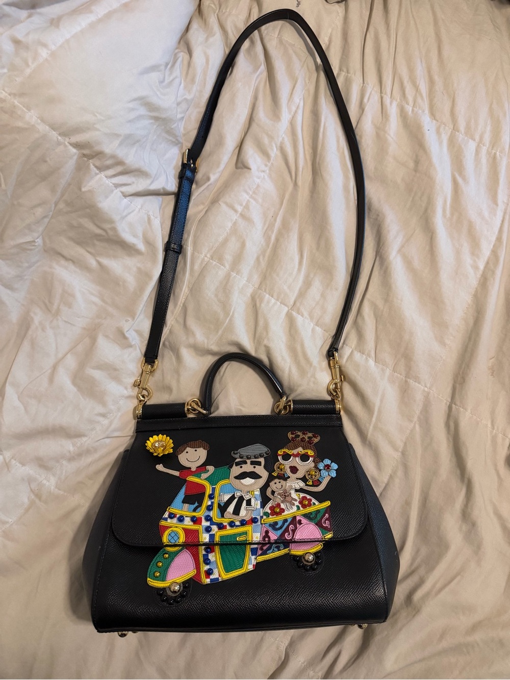 Dolce & Gabbana Black Satchel with Colorful Family Appliqué